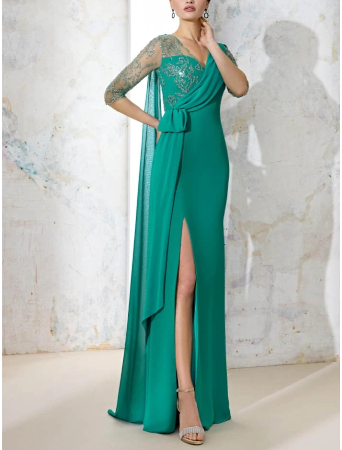 Wholesa Sheath / Column Mother of the Bride Dress Wedding Guest Elegant V Neck Floor Length Stretch Chiffon Half Sleeve with Lace Sequin Split Front