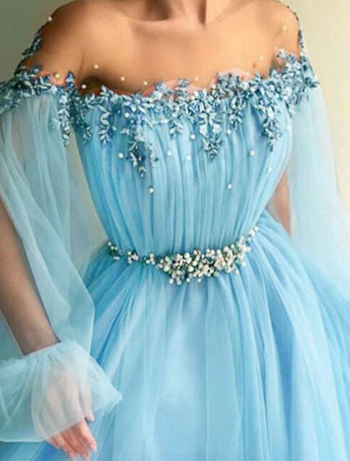 Wholesa A-Line Elegant Formal Evening Birthday Dress Off Shoulder Long Sleeve Sweep / Brush Train Tulle with Beading Appliques Split Front