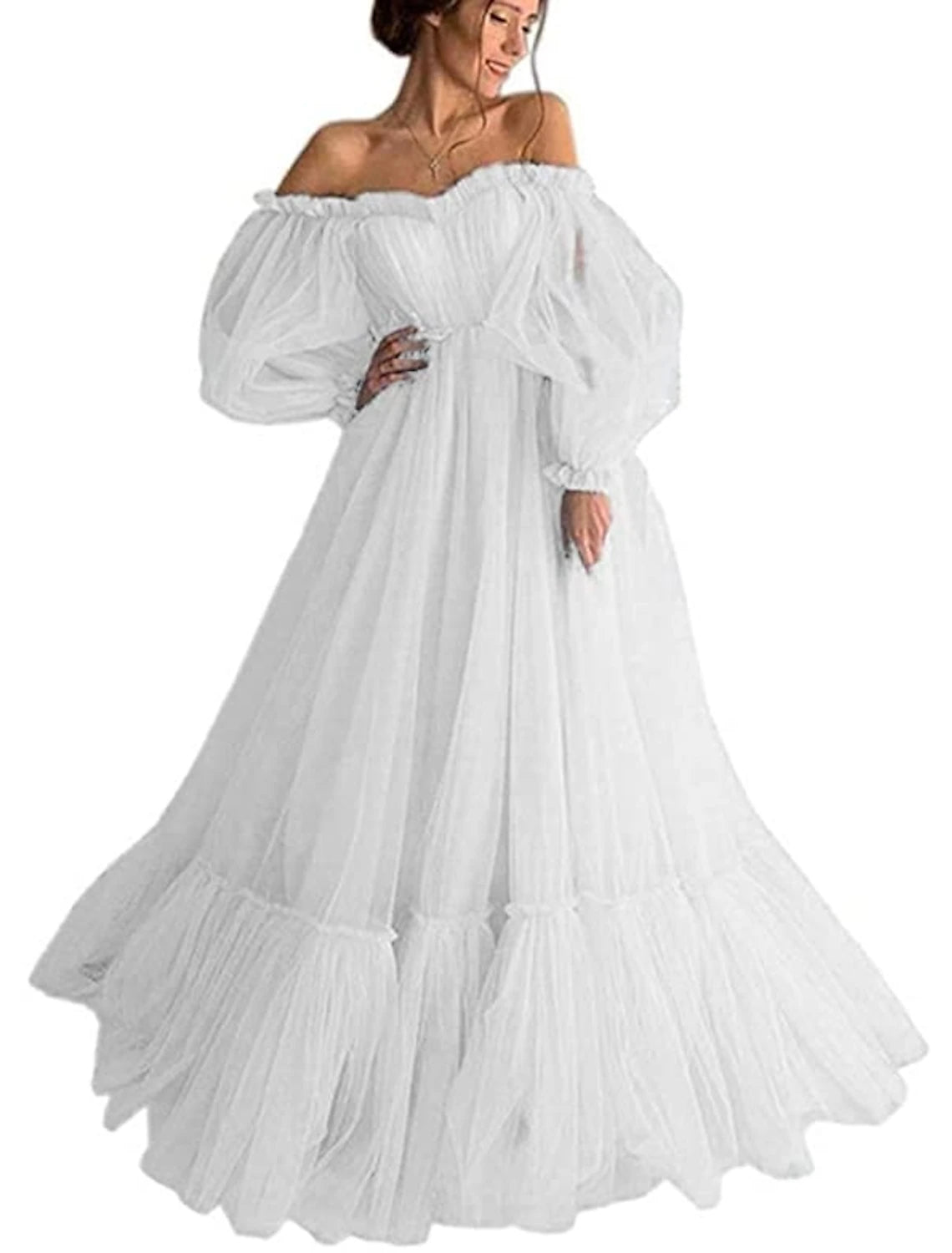 wholesa A-Line Minimalist Elegant Engagement Prom Dress Off Shoulder Long Sleeve Floor Length Tulle with Pleats Appliques