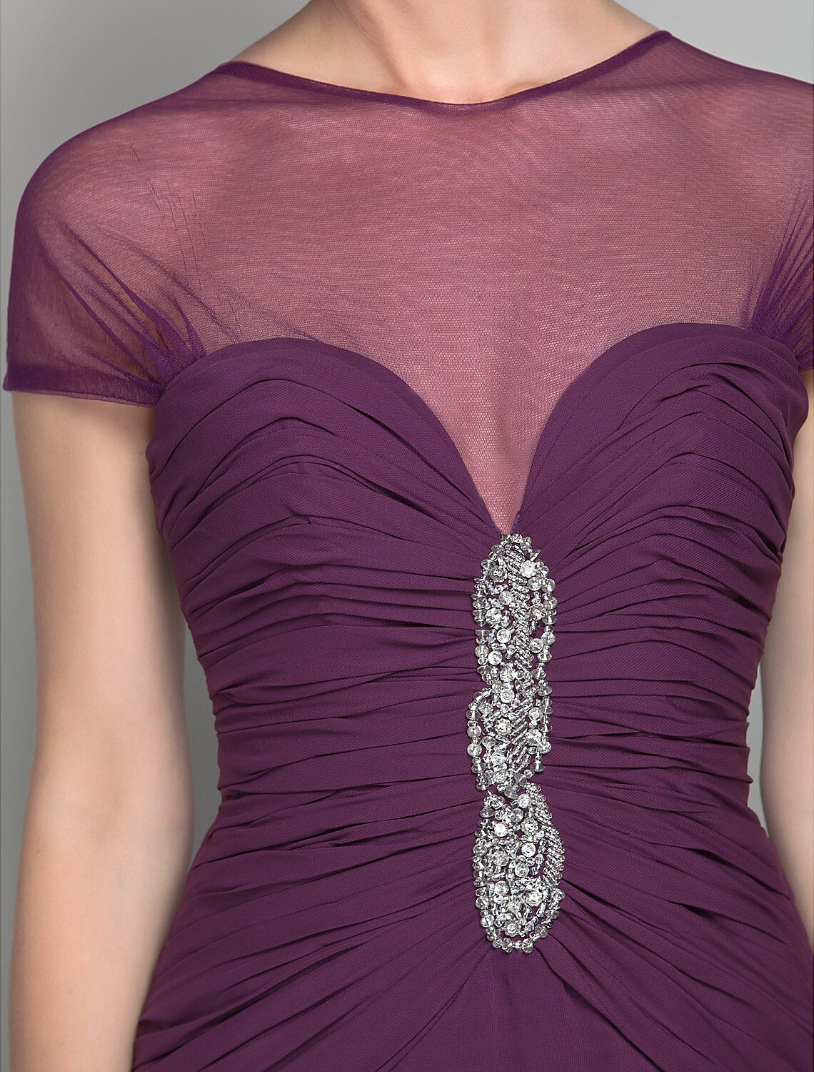 wholesale   Sheath / Column Mother of the Bride Dress See Through Jewel Neck Sweep / Brush Train Chiffon Tulle Short Sleeve with Beading Side Draping