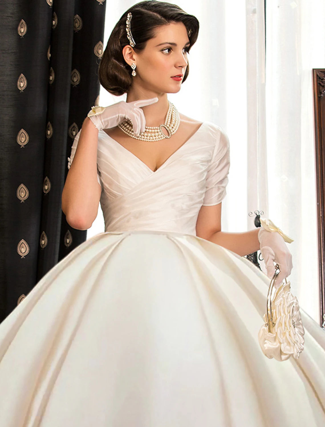 wholesale  Engagement Formal Fall Wedding Dresses Ball Gown V Neck Short Sleeve Court Train Satin Bridal Gowns With Ruched Solid Color