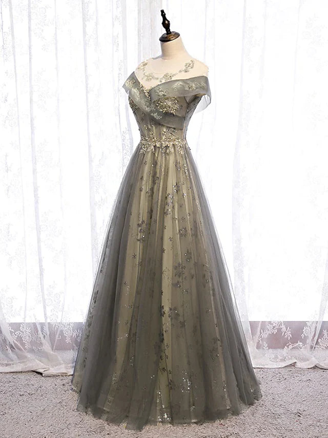 Wholesa A-Line Evening Gown Elegant Dress Wedding Guest Floor Length Short Sleeve Illusion Neck Tulle with Pleats