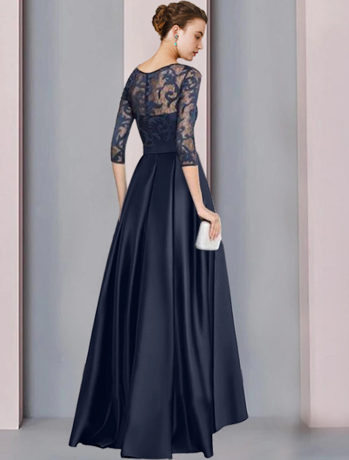 wholesale   A-Line Mother of the Bride Dress Wedding Guest Elegant High Low Scoop Neck Asymmetrical Floor Length Satin Lace Half Sleeve with Bow(s) Pleats Appliques