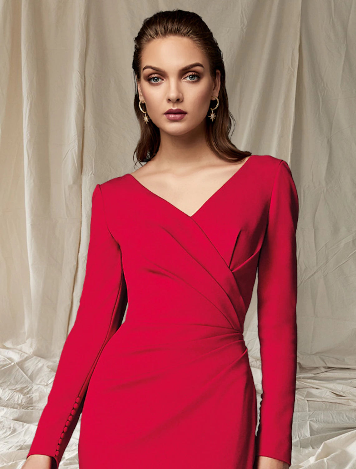 wholesale  Mermaid / Trumpet Mother of the Bride Dress Elegant V Neck Sweep / Brush Train Stretch Fabric Long Sleeve with Buttons Side-Draped