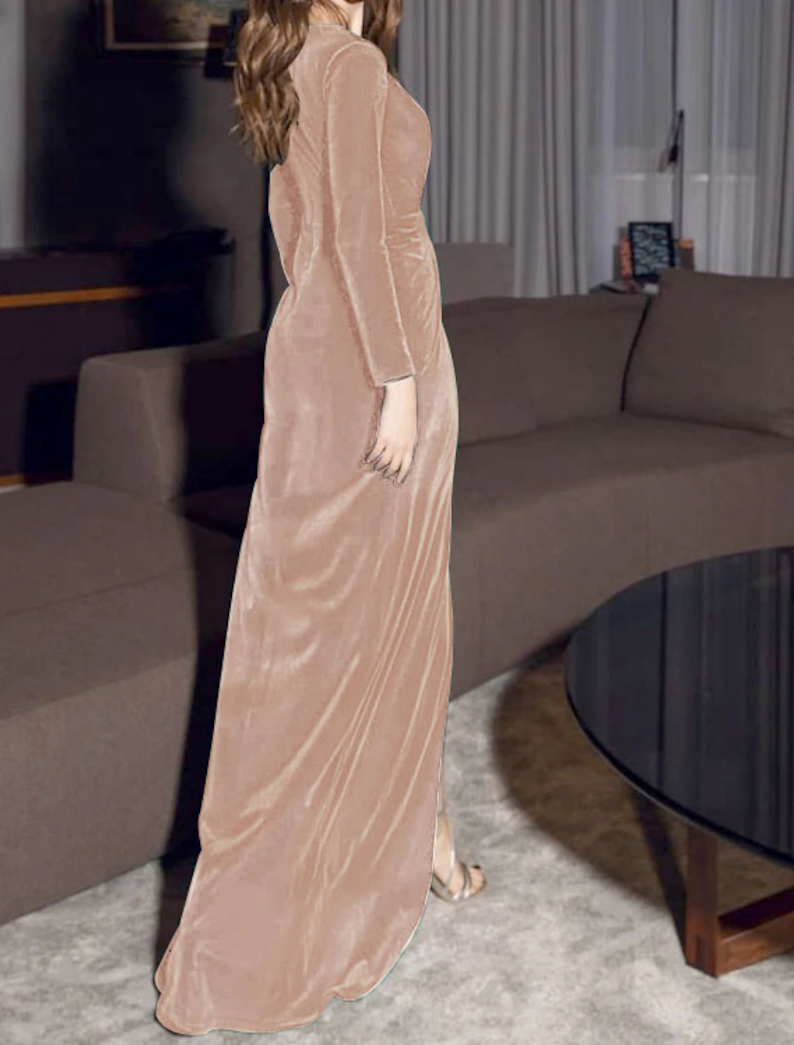Wholesa Sheath Evening Gown Vintage Dress Red Green Dress Formal Evening Floor Length Long Sleeve V Neck Fall Wedding Guest Velvet with Draping Slit