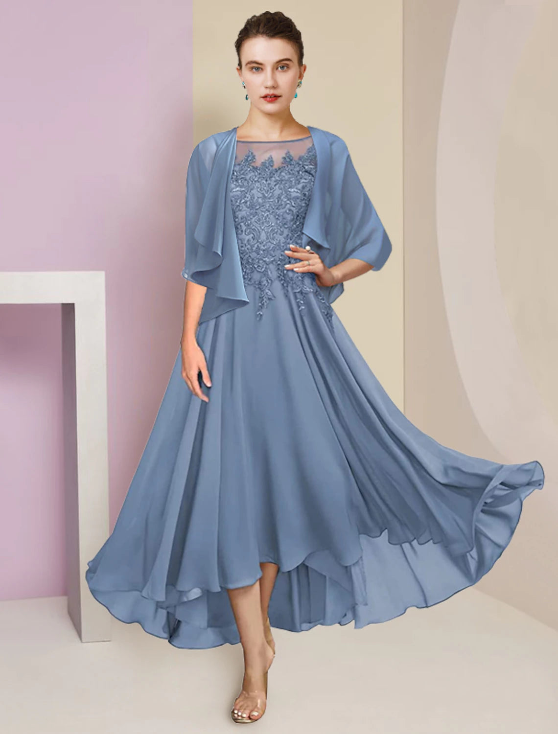 wholesale   Two Piece A-Line Mother of the Bride Dress Formal Wedding Guest Elegant High Low Scoop Neck Asymmetrical Tea Length Chiffon Lace Short Sleeve Wrap Included with Sequin Appliques