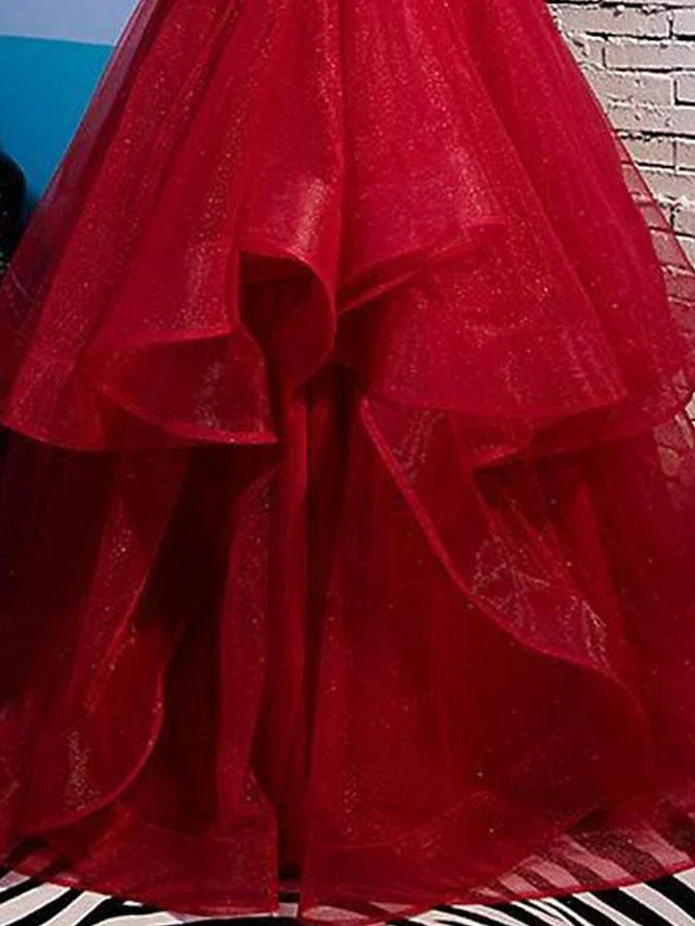 Wholesa A-Line Prom Dresses Sexy Dress Party Wear Floor Length Sleeveless Spaghetti Strap Tulle with Ruffles