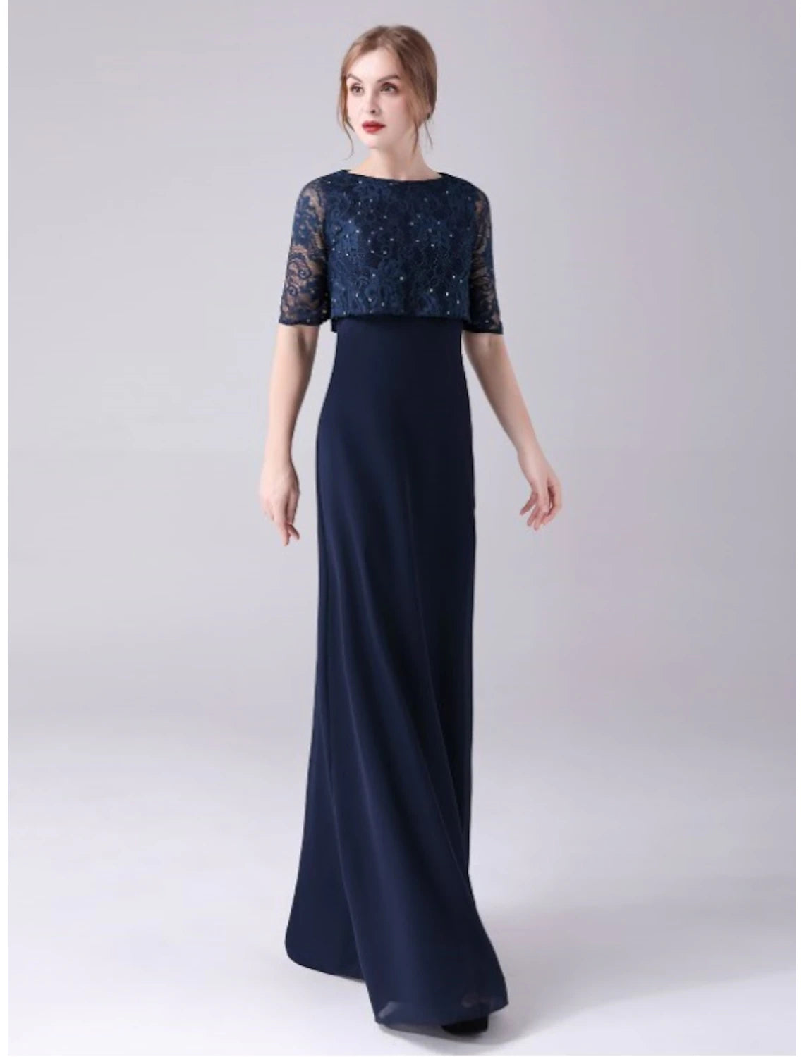 wholesale  A-Line Mother of the Bride Dress Elegant Sweet Jewel Neck Floor Length Chiffon Half Sleeve with Lace Crystals