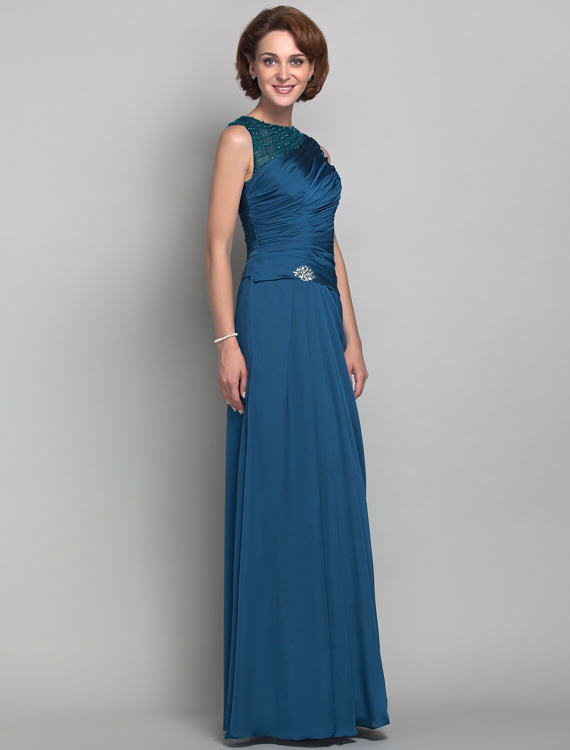 wholesale  Sheath / Column Mother of the Bride Dress Vintage Inspired Jewel Neck Floor Length Satin Chiffon Sleeveless with Beading