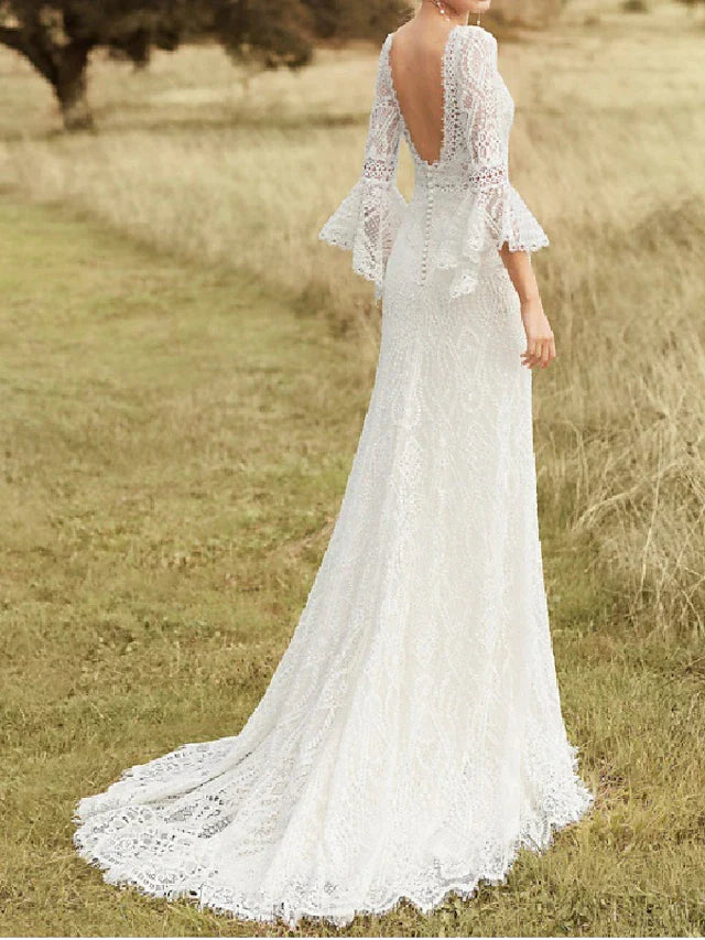 Wholesa Beach Boho Wedding Dresses Court Train A-Line Long Sleeve Jewel Neck Lace With Lace Solid Color
