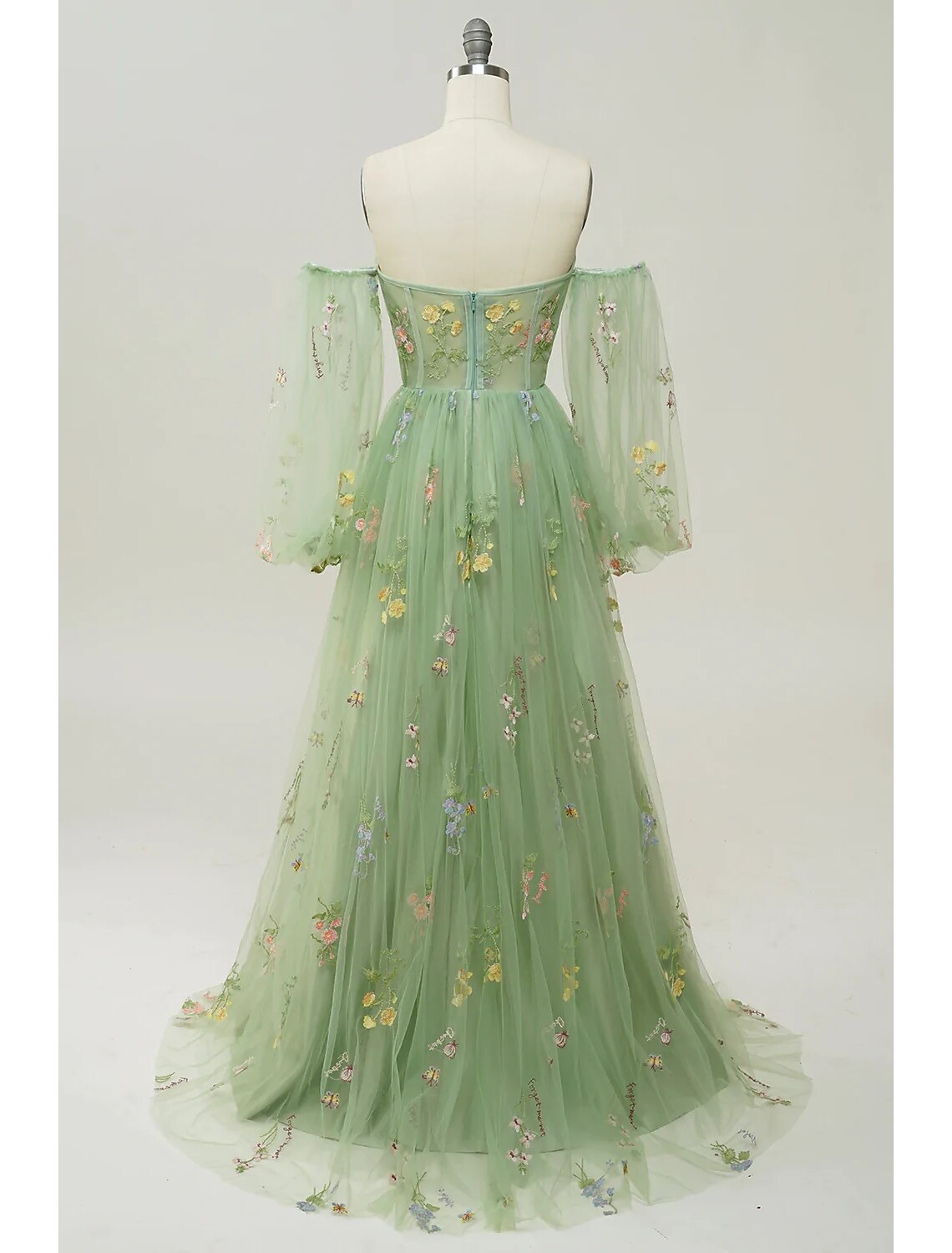 Wholesa A-Line Evening Gown Floral Dress Formal Prom Floor Length Long Sleeve Sweetheart Lace Backless with Pleats Appliques