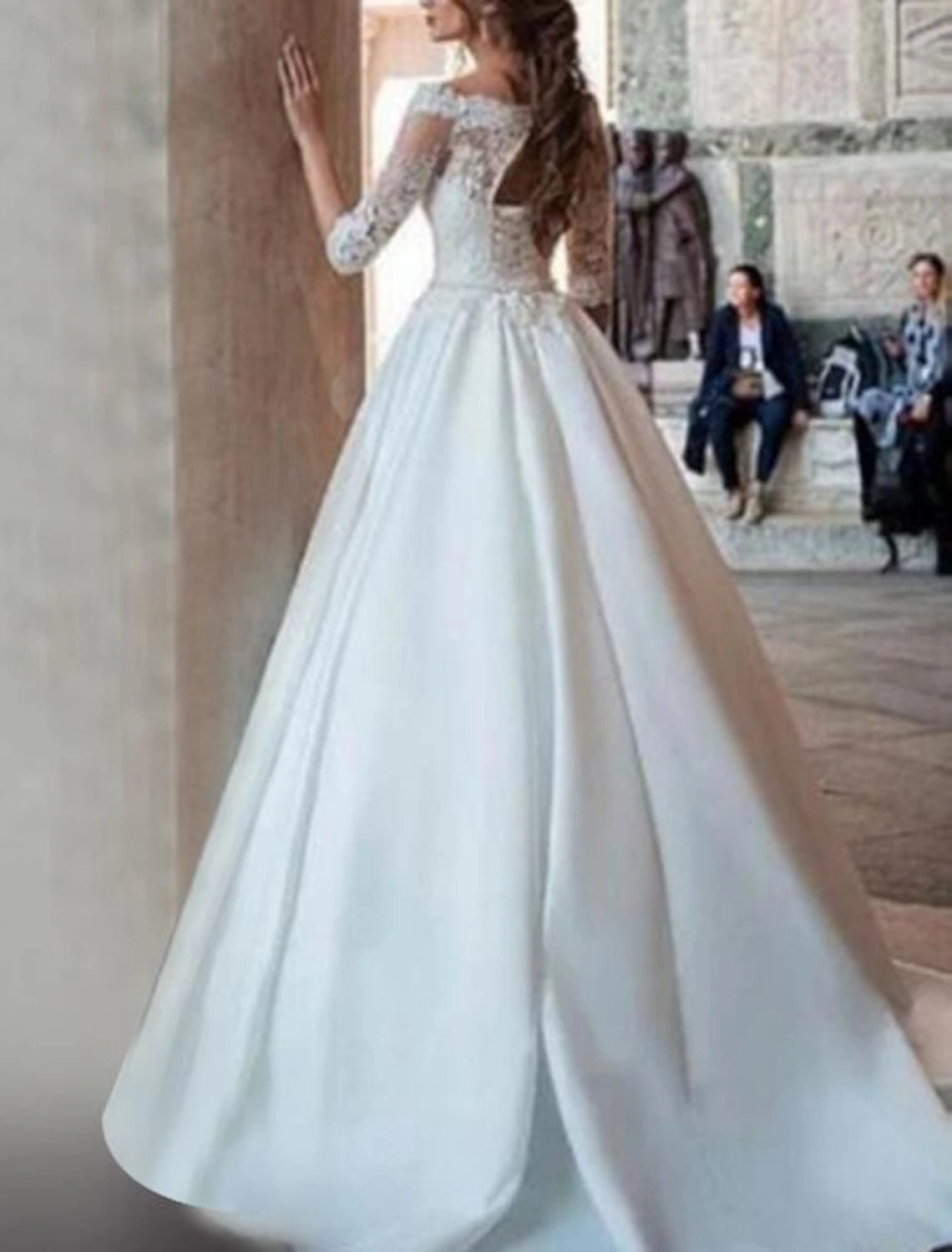 wholesale  Engagement Formal Fall Wedding Dresses Ball Gown Off Shoulder Half Sleeve Sweep / Brush Train Satin Bridal Gowns With Pleats Appliques