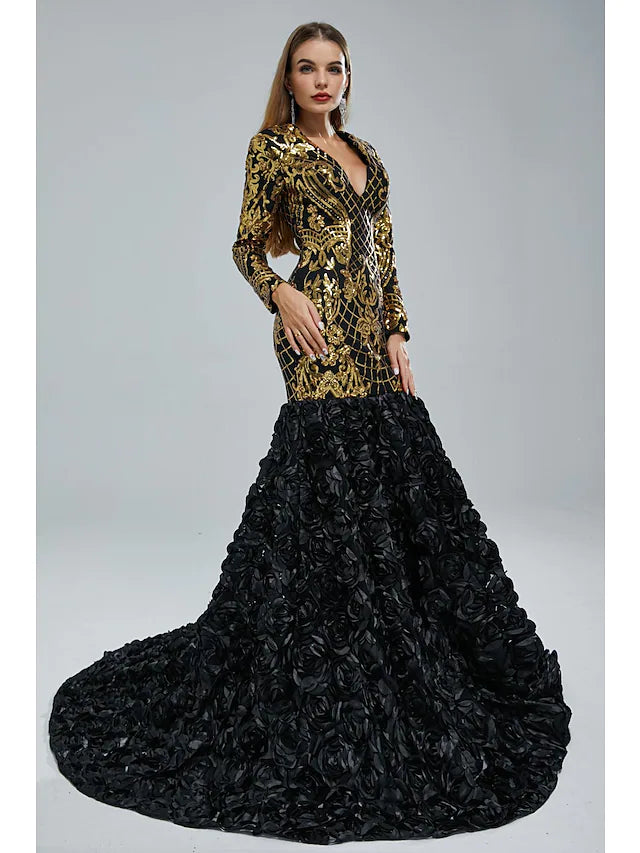 Wholesa Mermaid / Trumpet Evening Gown Elegant Dress Engagement Court Train Long Sleeve V Neck Sequined with Sequin