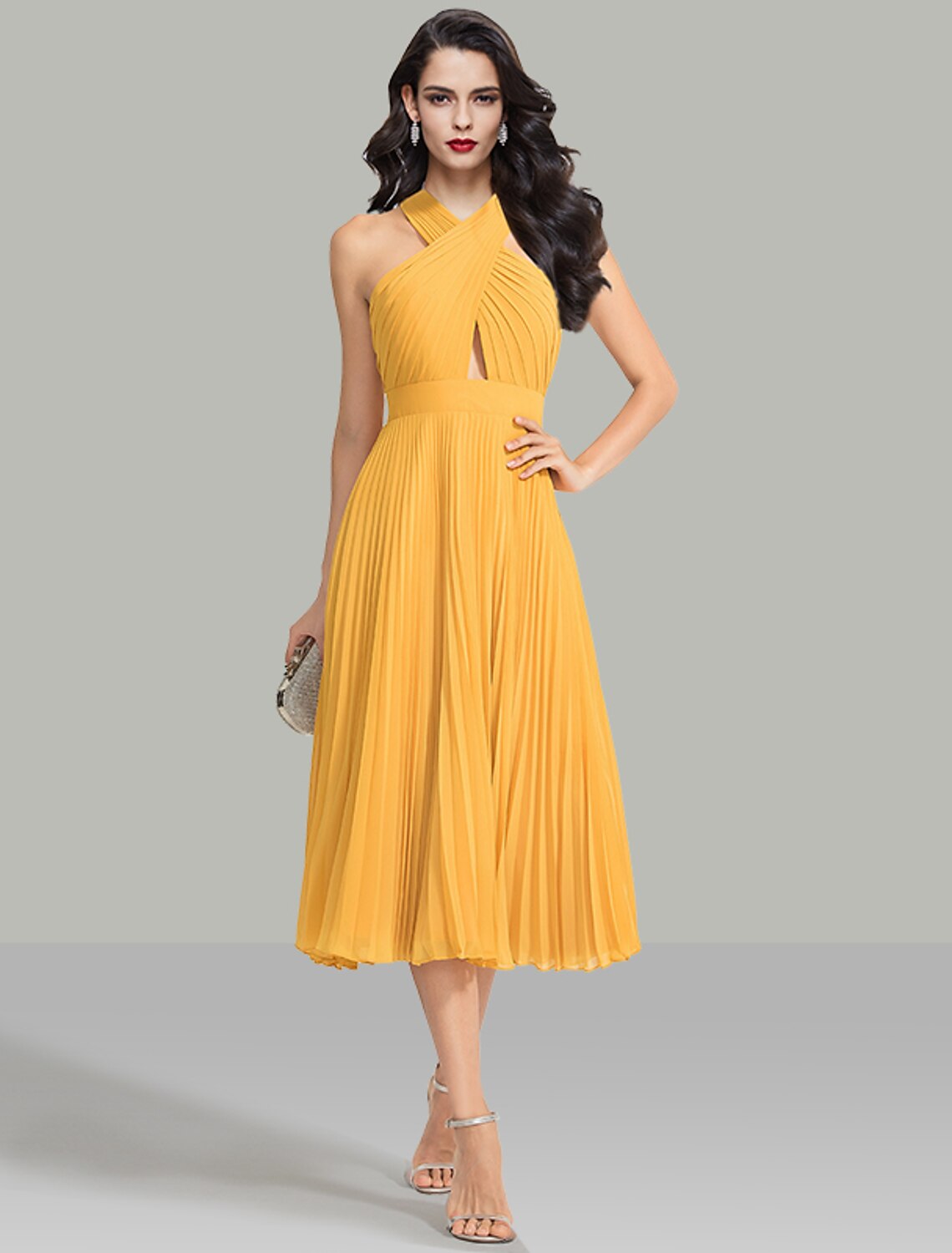 Wholesa  A-Line Wedding Guest Dresses Elegant Dress Cocktail Party Wedding Party Tea Length Sleeveless Halter Neck Chiffon with Ruched