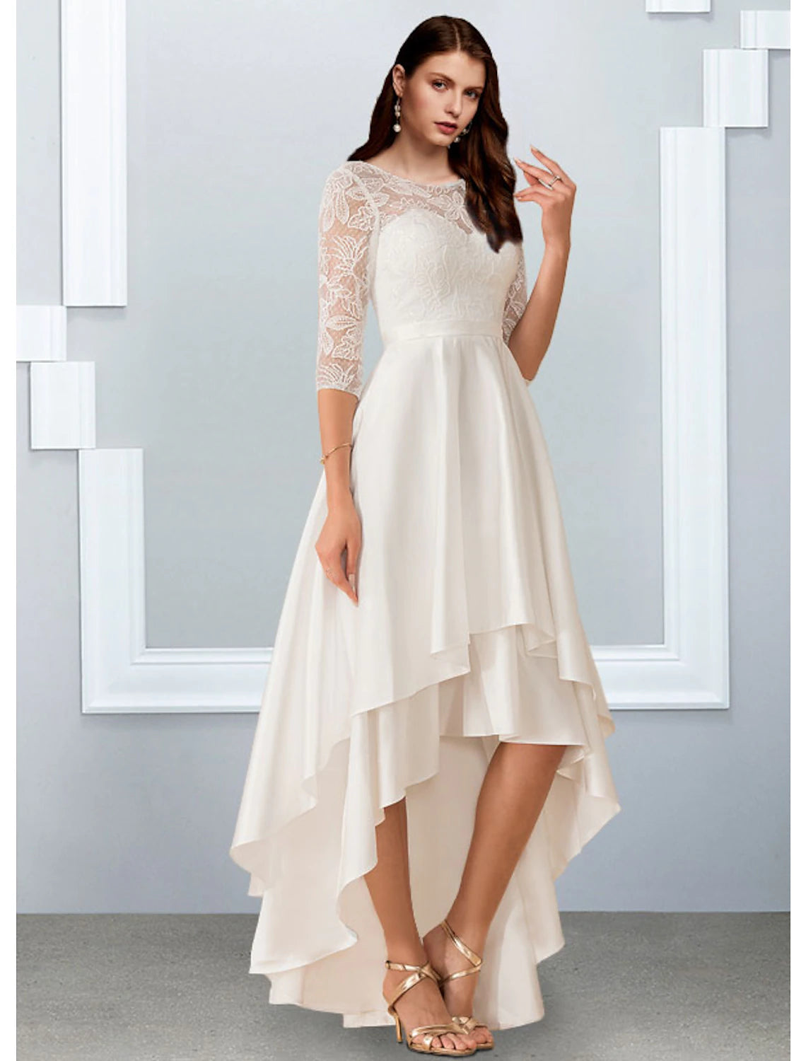 wholesale  Reception Little White Dresses Wedding Dresses A-Line Illusion Neck Half Sleeve Asymmetrical Chiffon Bridal Gowns With Cascading Ruffles