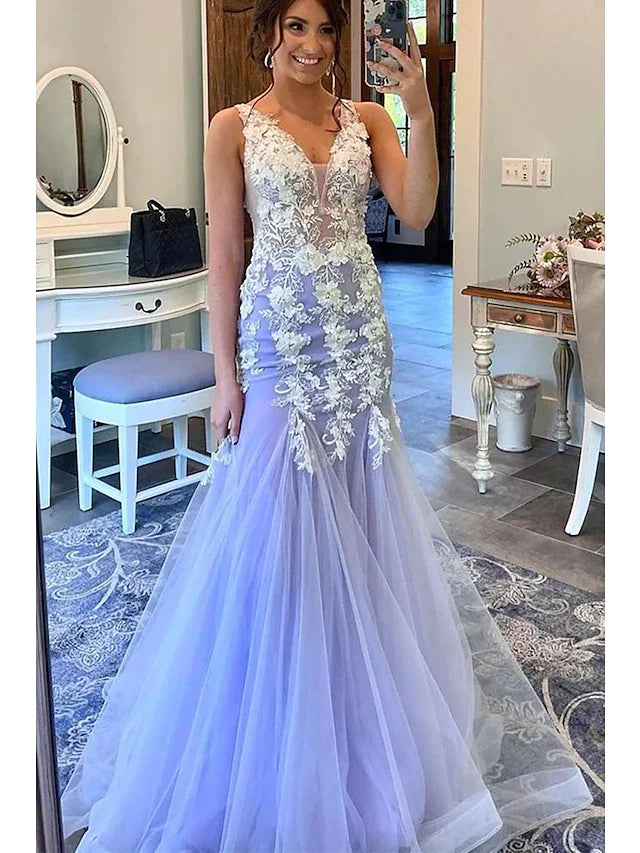 Wholesa Mermaid / Trumpet Prom Dresses Floral Dress Formal Sweep / Brush Train Sleeveless V Neck Tulle with Ruffles Appliques