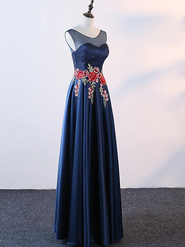 Wholesa A-Line Evening Gown Elegant Dress Prom Floor Length Sleeveless Jewel Neck Satin with Embroidery Appliques