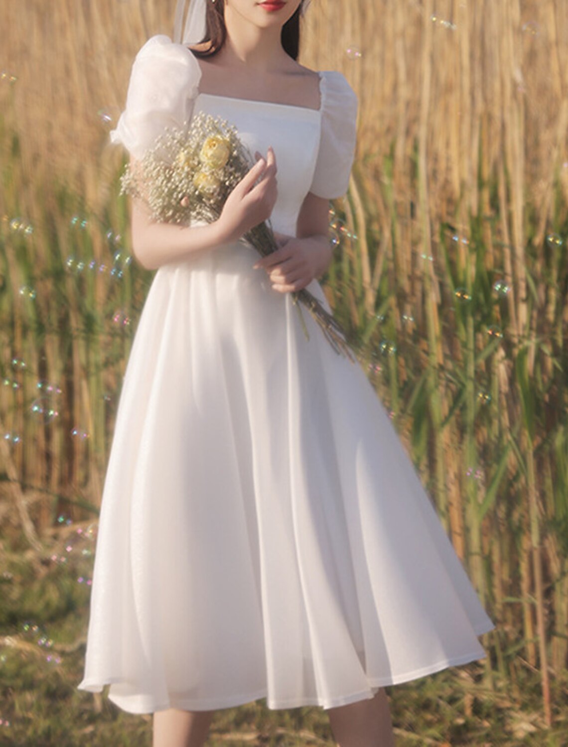 Wholesa  Reception Little White Dresses Wedding Dresses A-Line Square Neck Short Sleeve Tea Length Satin Bridal Gowns With Solid Color