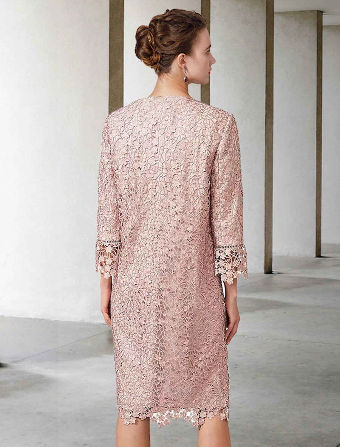 wholesale   Two Piece Sheath / Column Mother of the Bride Dress Church Elegant Jewel Neck Knee Length Chiffon Lace Short Sleeve Jacket Dresses with Appliques