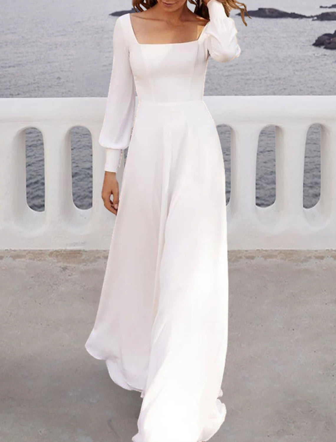 Wholesa Beach Simple Wedding Dresses A-Line Square Neck Long Sleeve Sweep / Brush Train Chiffon Bridal Gowns With Solid Color