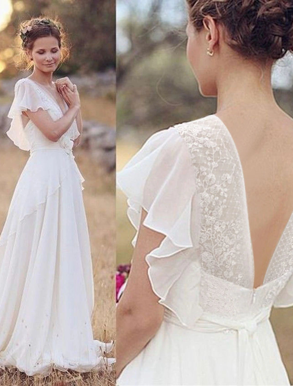 wholesale  Beach Boho Wedding Dresses A-Line V Neck Short Sleeve Floor Length Chiffon Bridal Gowns With Beading Appliques
