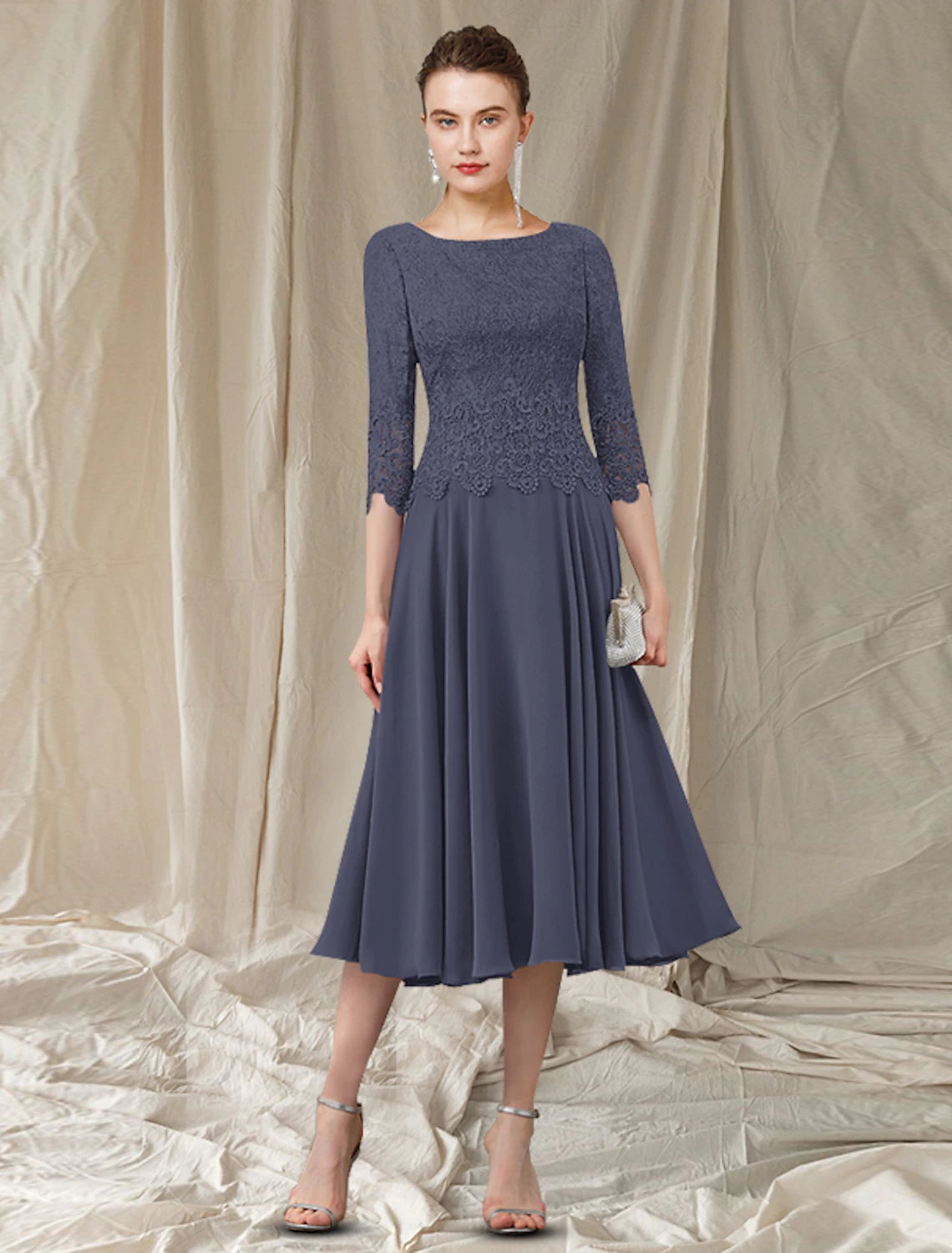 wholesale  A-Line Mother of the Bride Dress Elegant Jewel Neck Tea Length Chiffon Lace 3/4 Length Sleeve with Pleats Appliques