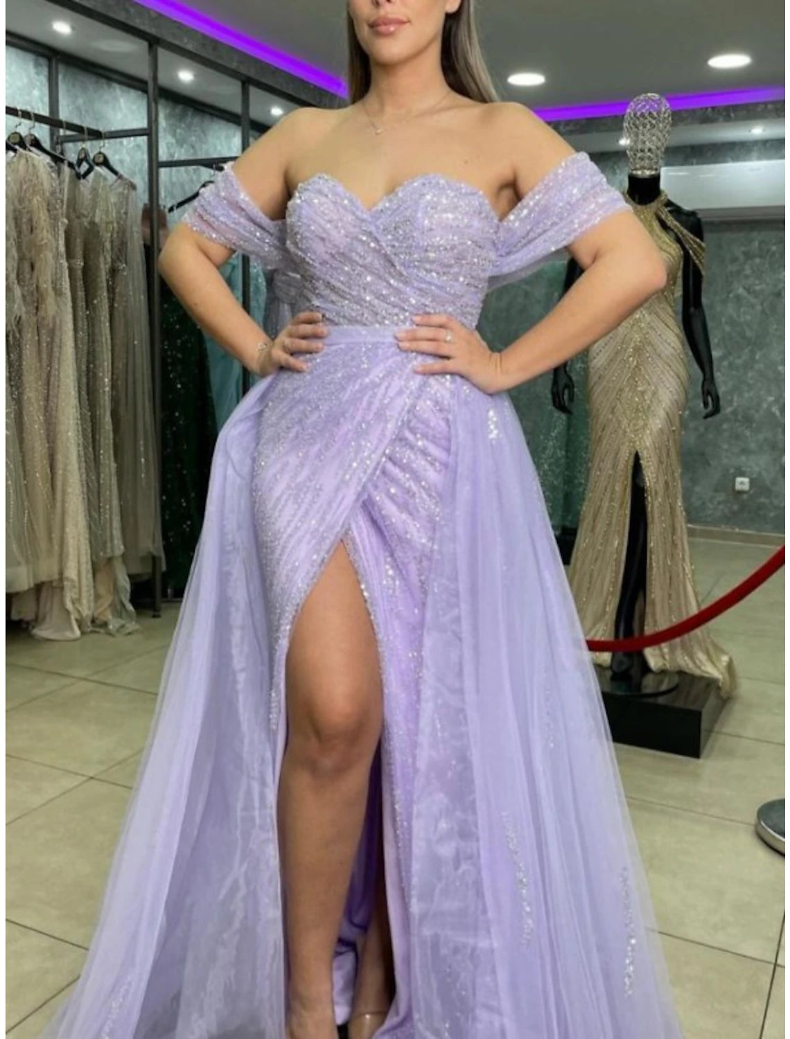 Wholesa  Sheath / Column Prom Dresses Sparkle & Shine Dress Prom Wedding Party Sweep / Brush Train Short Sleeve Sweetheart Detachable Sequined with Slit Overskirt