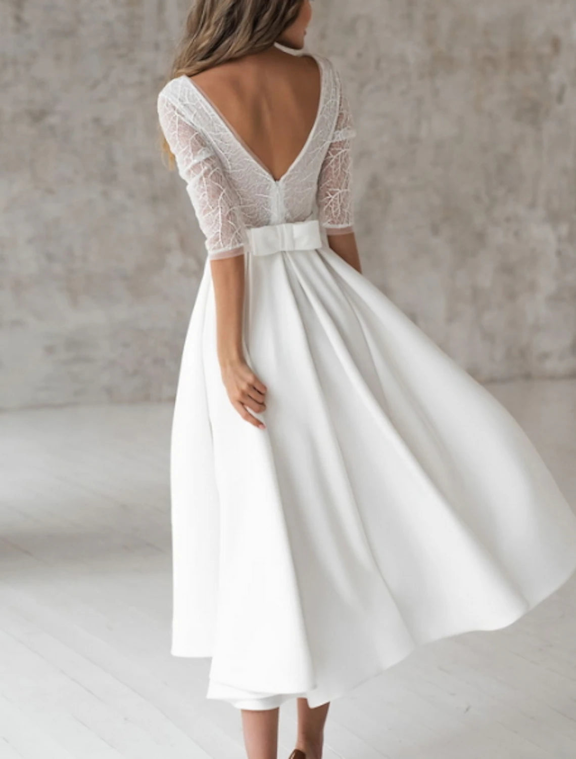 Wholesa  Bridal Shower Little White Dresses Wedding Dresses A-Line V Neck 3/4 Length Sleeve Tea Length Chiffon Bridal Gowns With Solid Color