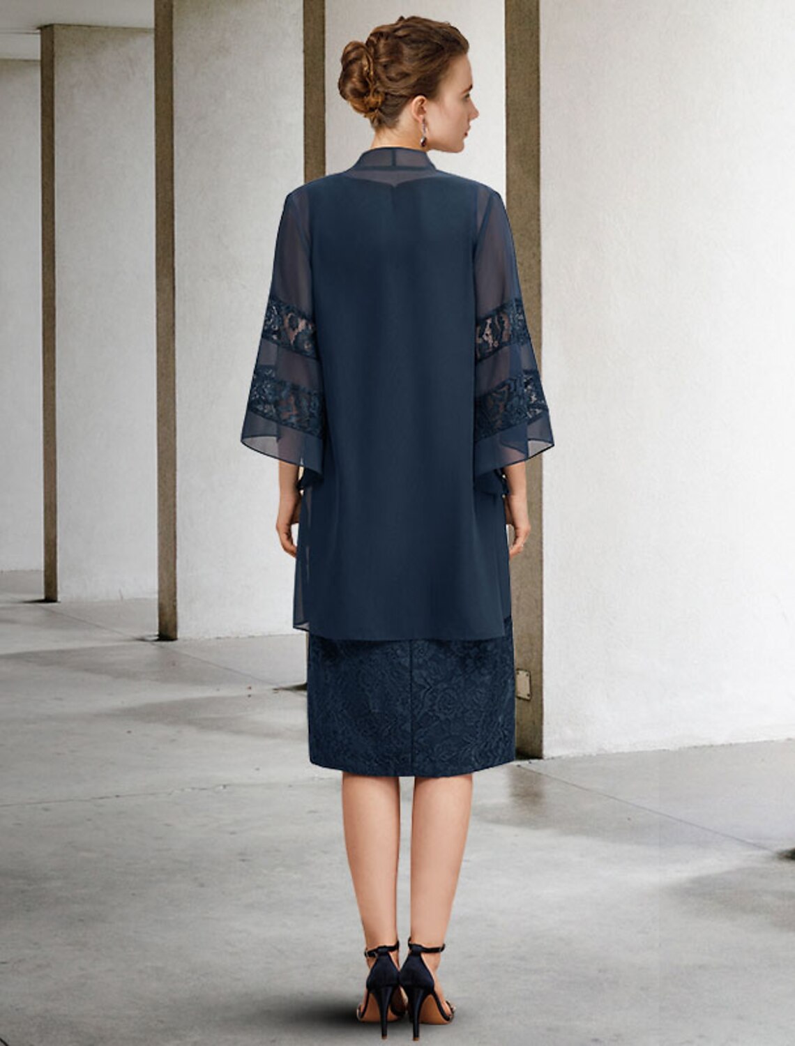 wholesale  Two Piece Sheath / Column Mother of the Bride Dress Wedding Guest Plus Size Elegant Jewel Neck Knee Length Chiffon Lace Sleeveless with Beading Appliques Fall