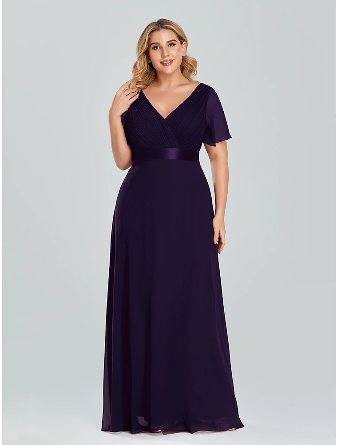 wholesale  A-Line Evening Gown Party Dress Empire Dress Wedding Guest Formal Evening Floor Length Short Sleeve V Neck Bridesmaid Dress Chiffon V Back with Ruffles Pure Color