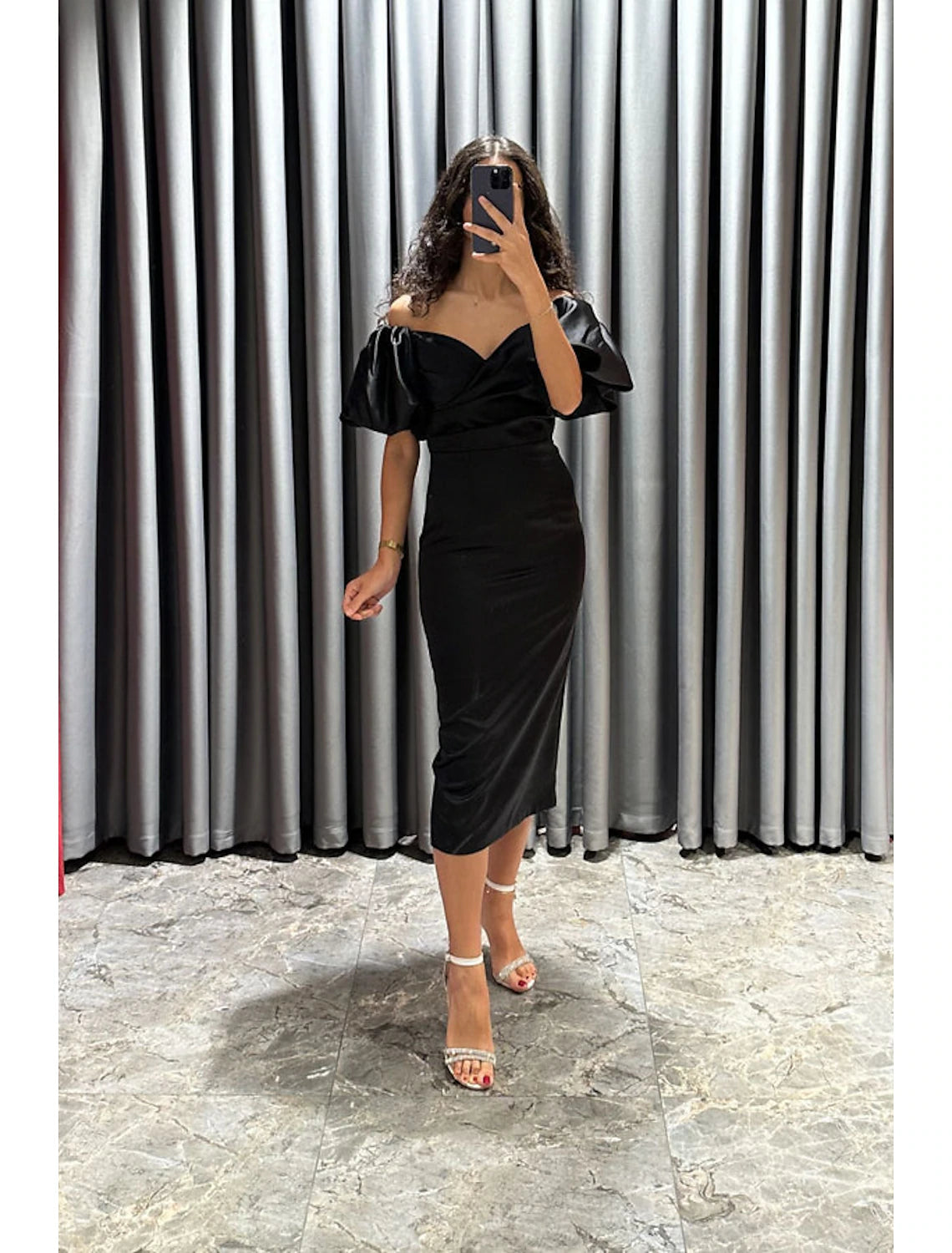 wholesale  Sheath / Column Cocktail Dresses Party Dress Formal Fall Tea Length Short Sleeve Off Shoulder Satin with Ruched Slit