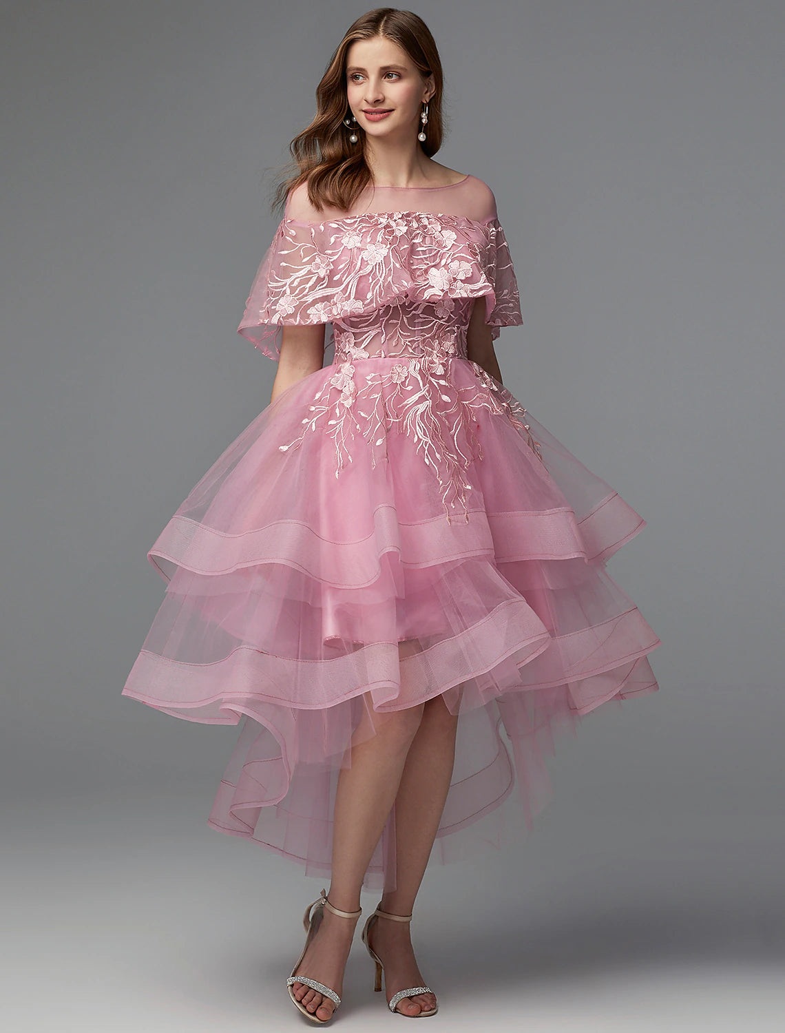 Wholesa A-Line Elegant Dress Holiday Wedding Guest Asymmetrical Sleeveless Illusion Neck Lace Tie Back with Lace Insert