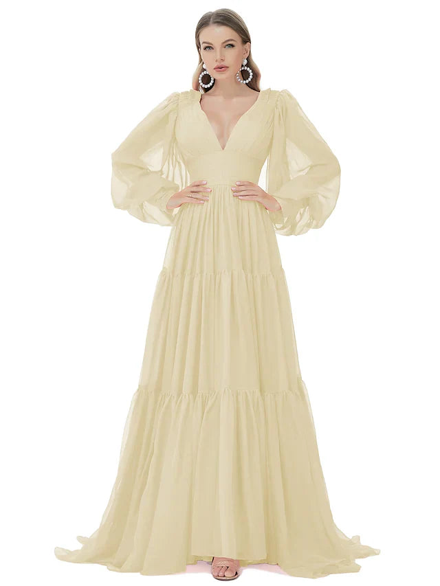 Wholesa A-Line Evening Gown Sexy Dress Party Wear Sweep / Brush Train Long Sleeve V Neck Chiffon with Ruched