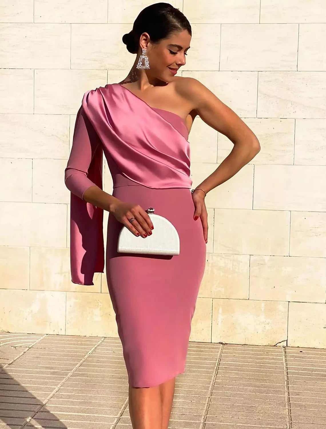 wholesale  Sheath / Column Cocktail Dresses Vintage Dress Fall Wedding Guest Dress Knee Length 3/4 Length Sleeve One Shoulder Stretch Fabric with Draping