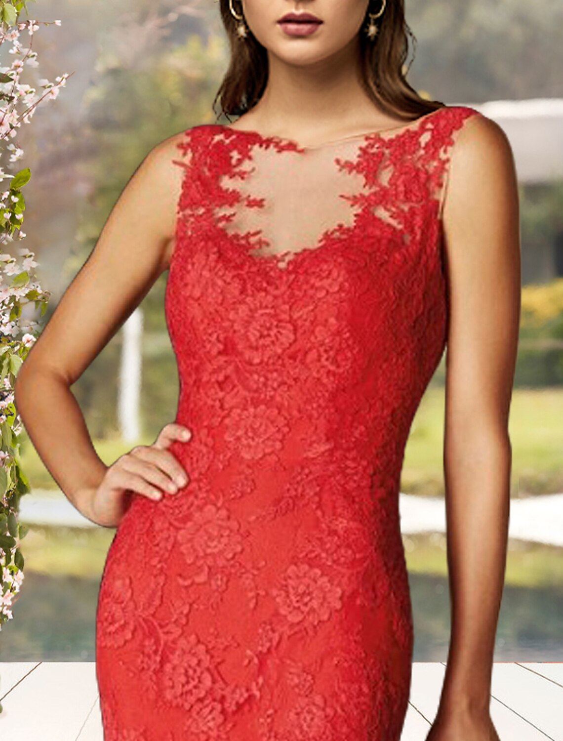 wholesale  Mermaid / Trumpet Mother of the Bride Dress Luxurious Elegant Jewel Neck Sweep / Brush Train Lace Tulle Sleeveless with Pleats Appliques