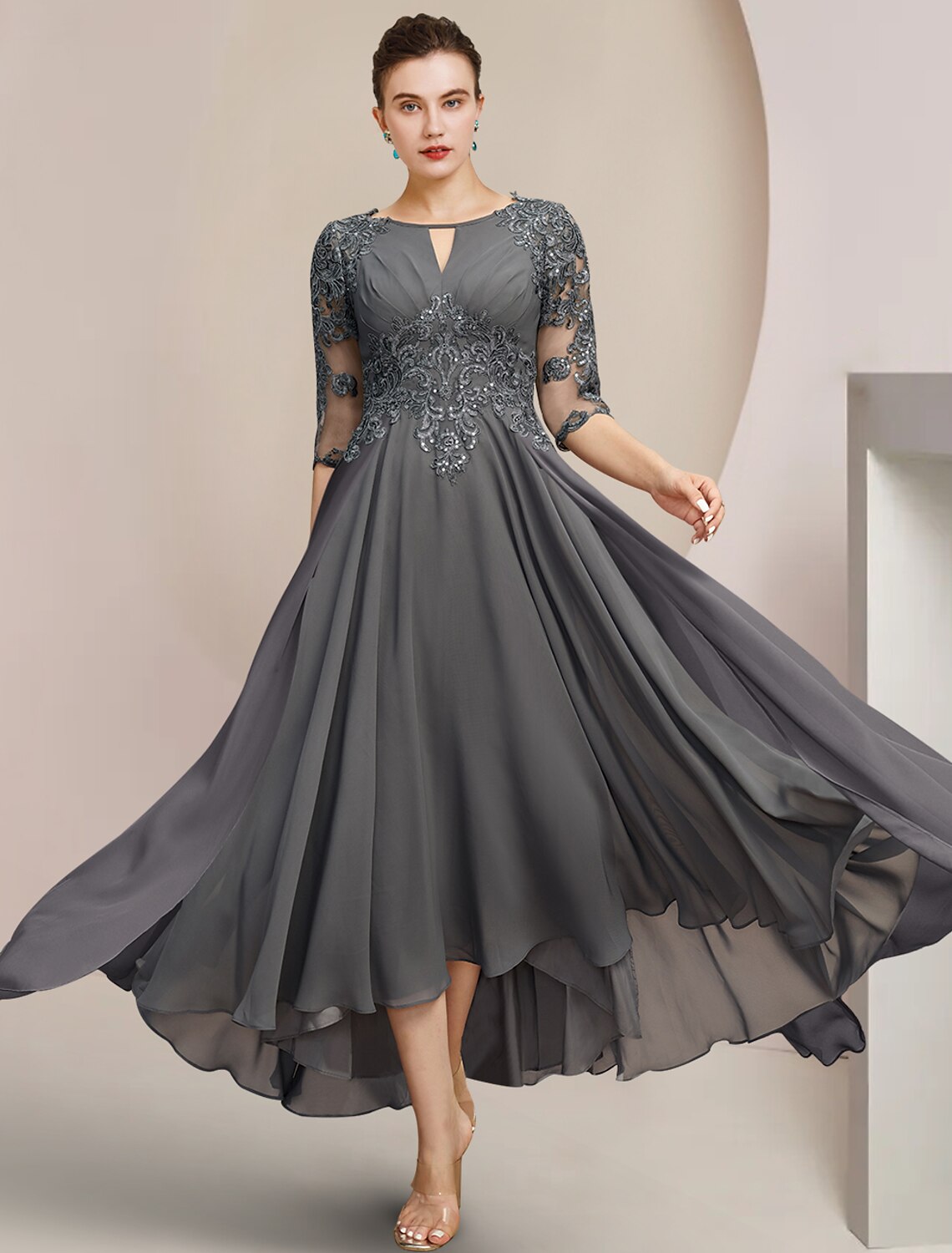 Wholesa  A-Line Mother of the Bride Dress Formal Wedding Guest Elegant High Low Scoop Neck Tea Length Chiffon Lace Half Sleeve with Sequin Appliques