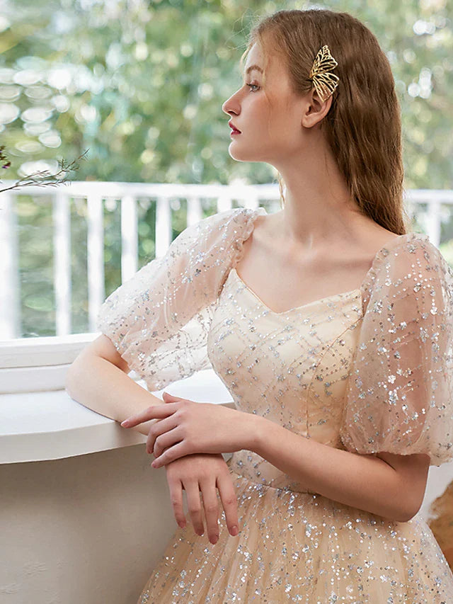 Wholesa A-Line Glittering Elegant Prom Formal Evening Dress Scoop Neck Short Sleeve Floor Length Tulle with Pleats Sequin 2022 / Puff Balloon Sleeve