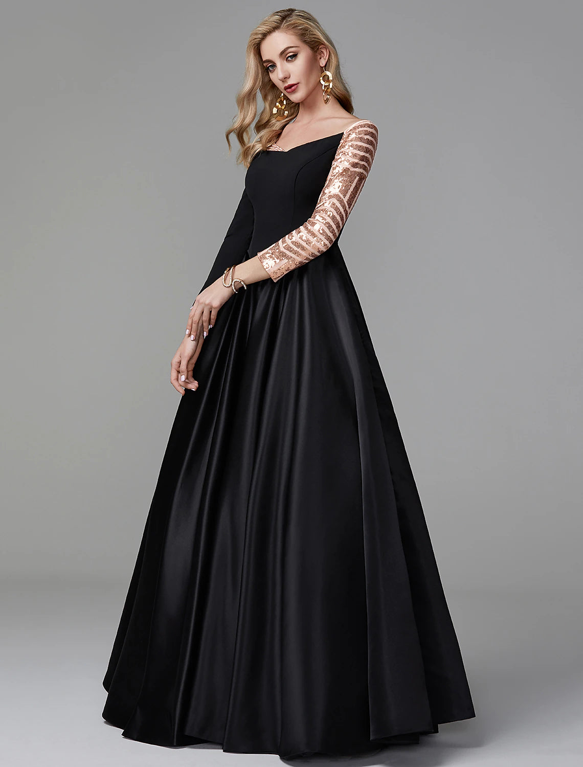 Wholesa Ball Gown Vintage Dress Quinceanera Formal Evening Floor Length Long Sleeve Off Shoulder Satin with Sequin