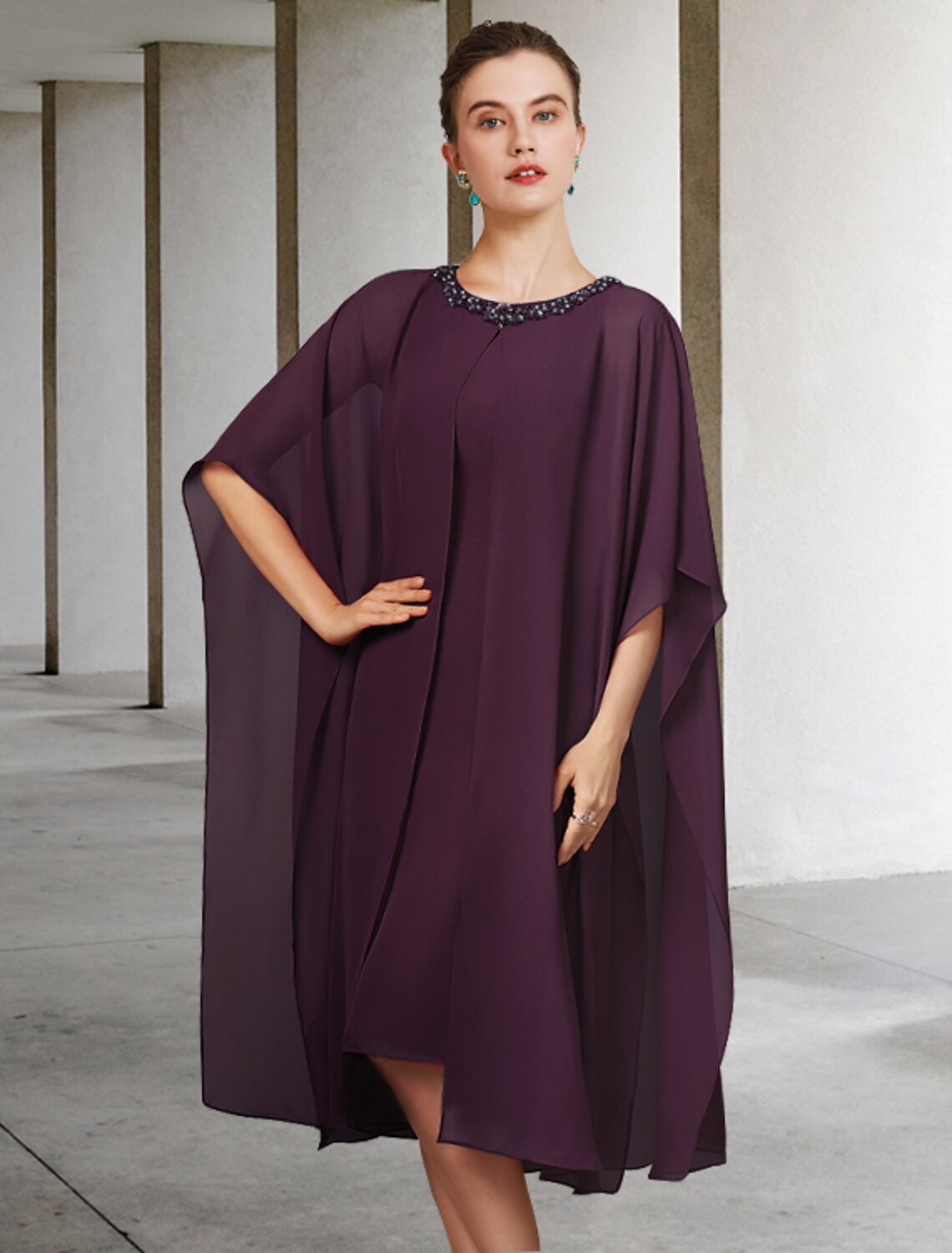 wholesale  Two Piece Sheath / Column Mother of the Bride Dress Elegant Jewel Neck Knee Length Chiffon Lace Sleeveless with Beading