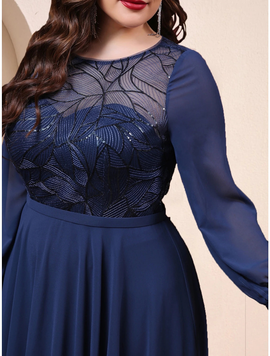 Wholesa A-Line Plus Size Curve Mother of the Bride Dress Wedding Guest Plus Size Sparkle & Shine Jewel Neck Floor Length Chiffon Long Sleeve with Pleats Sequin