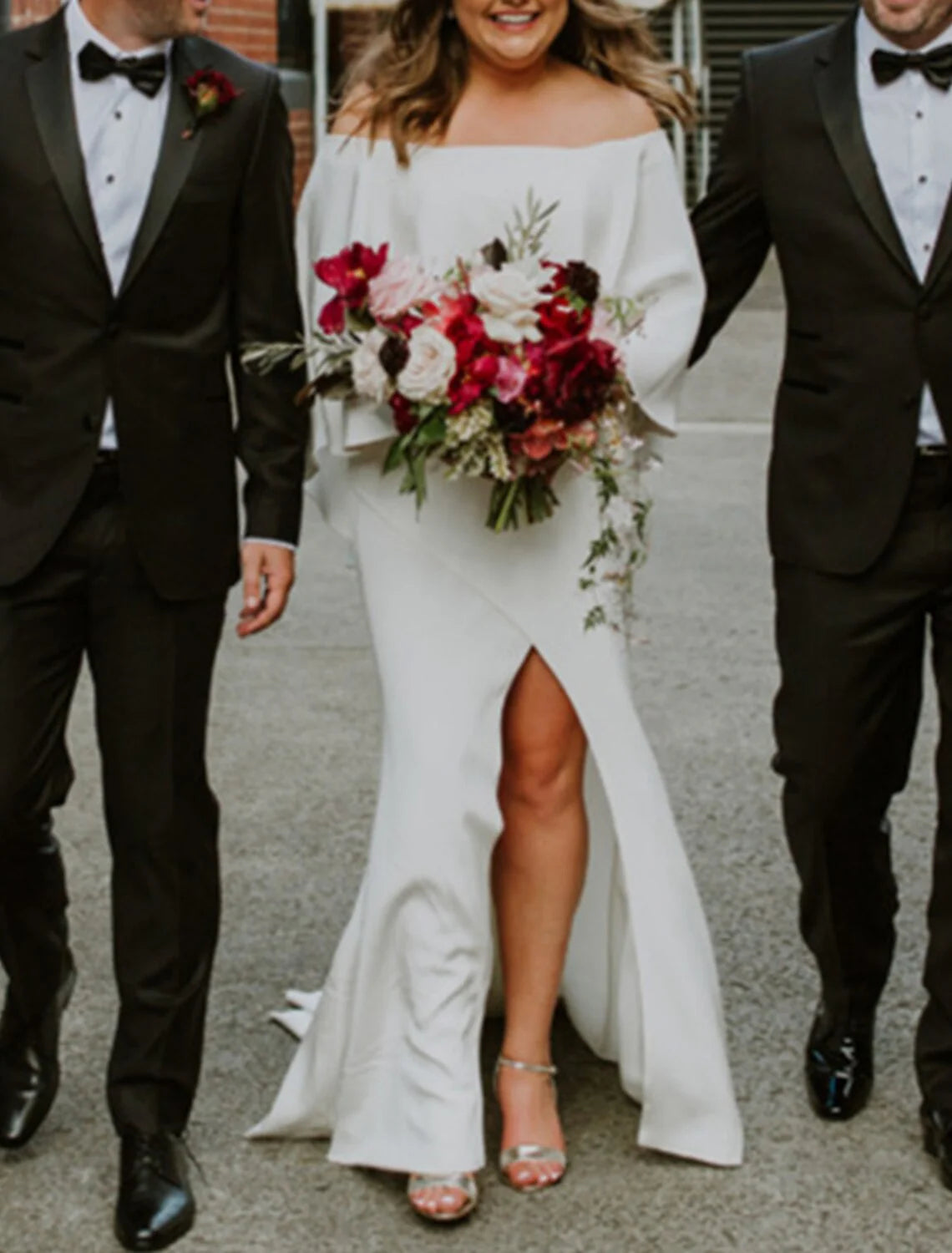 Wholesa A-Line Plus Size Curve Wedding Dresses Minimalist Dress Party Wear Sweep / Brush Train Half Sleeve Off Shoulder Stretch Fabric with Ruffles Slit