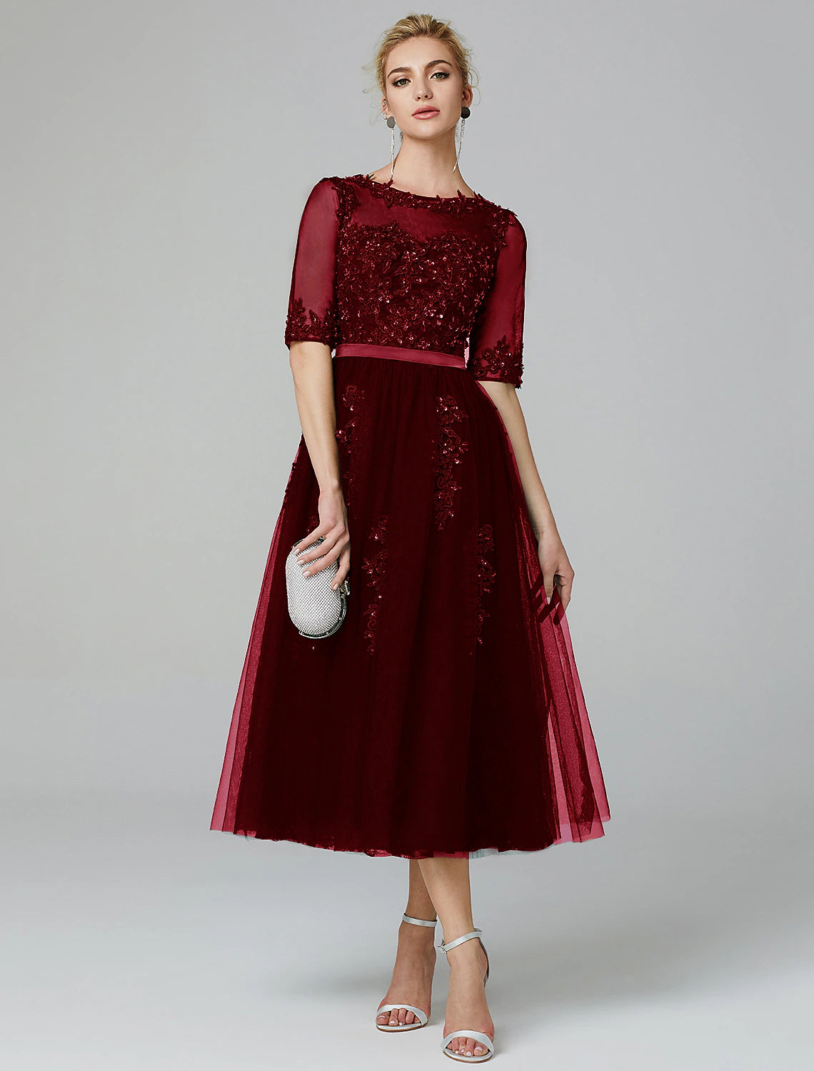 Wholesa  A-Line Cocktail Dress Christmas Red Green Dress Formal Evening Kentucky Derby Tea Length Sleeveless Illusion Neck Fall Wedding Guest Lace Over Tulle with Sequin Applique