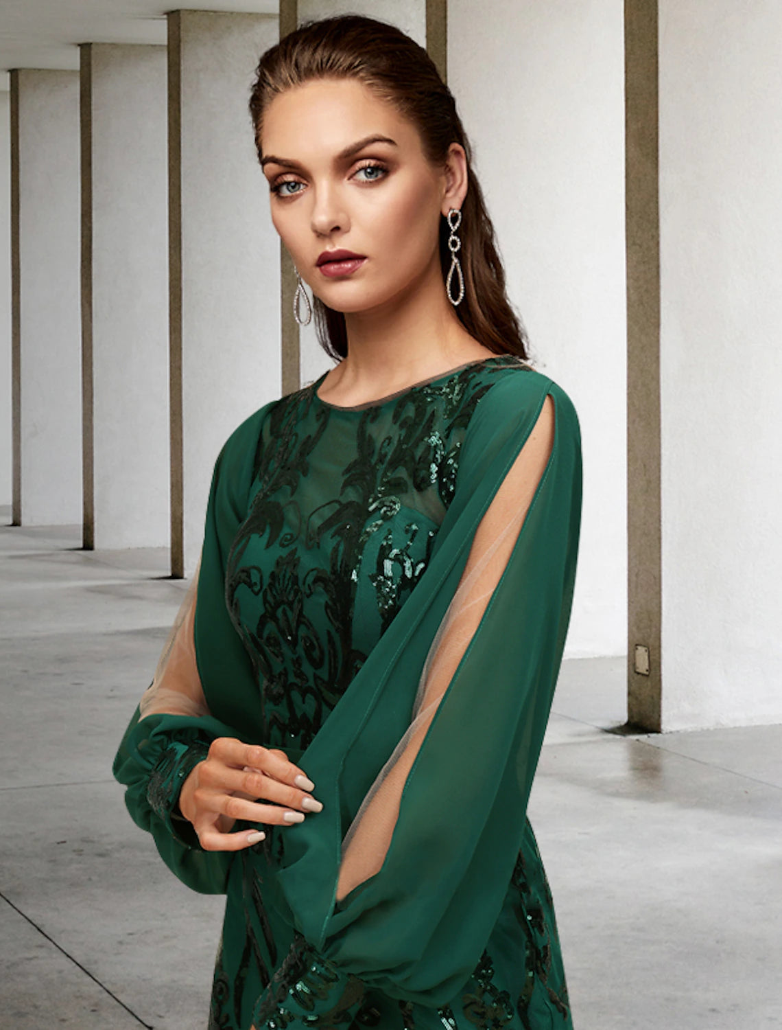 wholesale  Mermaid / Trumpet Mother of the Bride Dress Wedding Guest Elegant Sparkle & Shine Jewel Neck Sweep / Brush Train Chiffon Sequined Long Sleeve with Sequin Appliques