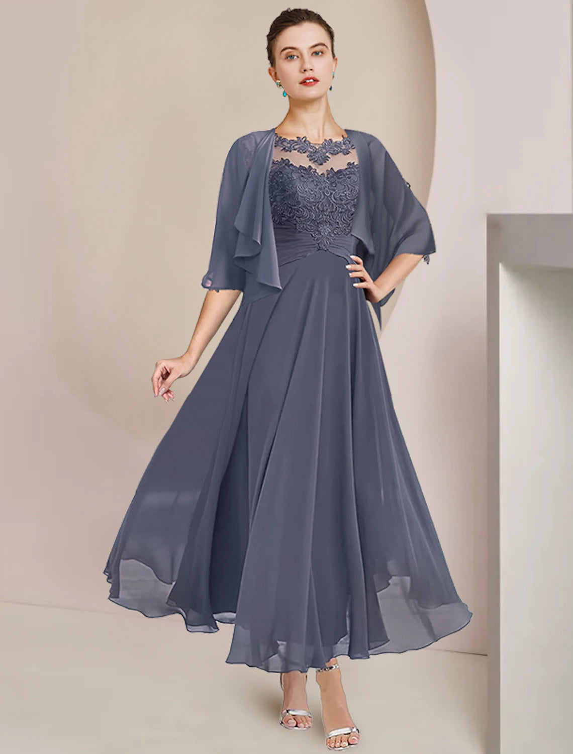 wholesale  Two Piece A-Line Mother of the Bride Dress Formal Wedding Guest Elegant Scoop Neck Tea Length Chiffon Lace 3/4 Length Sleeve Wrap Included with Appliques Ruching
