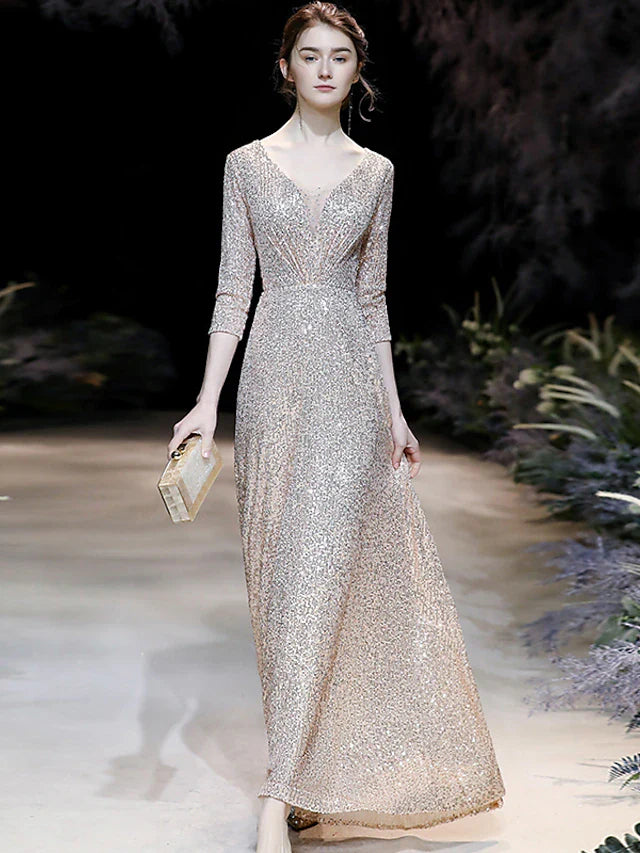 Wholesa A-Line Prom Dresses Sparkle Dress Engagement Floor Length 3/4 Length Sleeve V Neck Sequined with Pleats Sequin