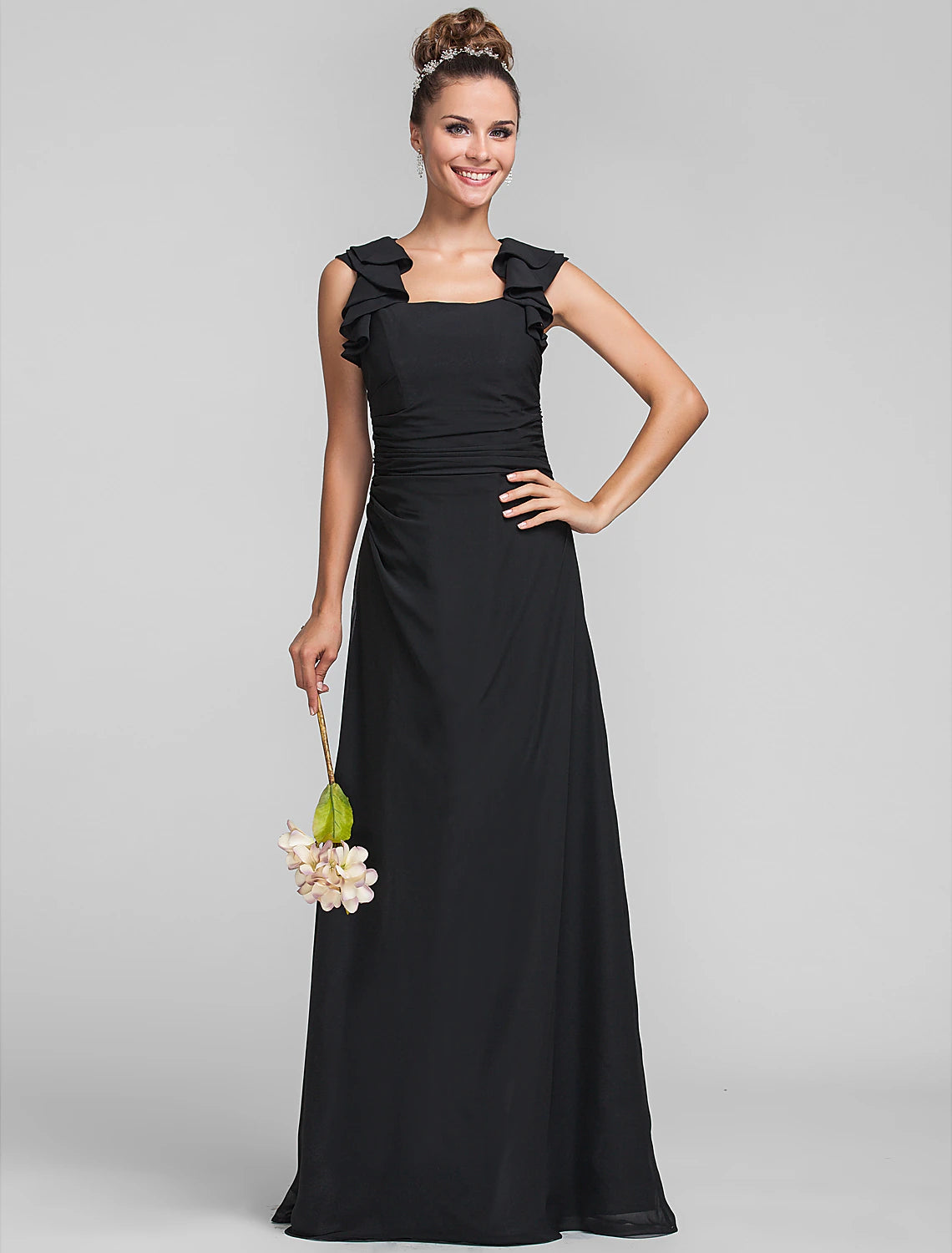 Wholesa  Sheath / Column Square Neck Floor Length Chiffon Bridesmaid Dress with Ruffles / Ruched