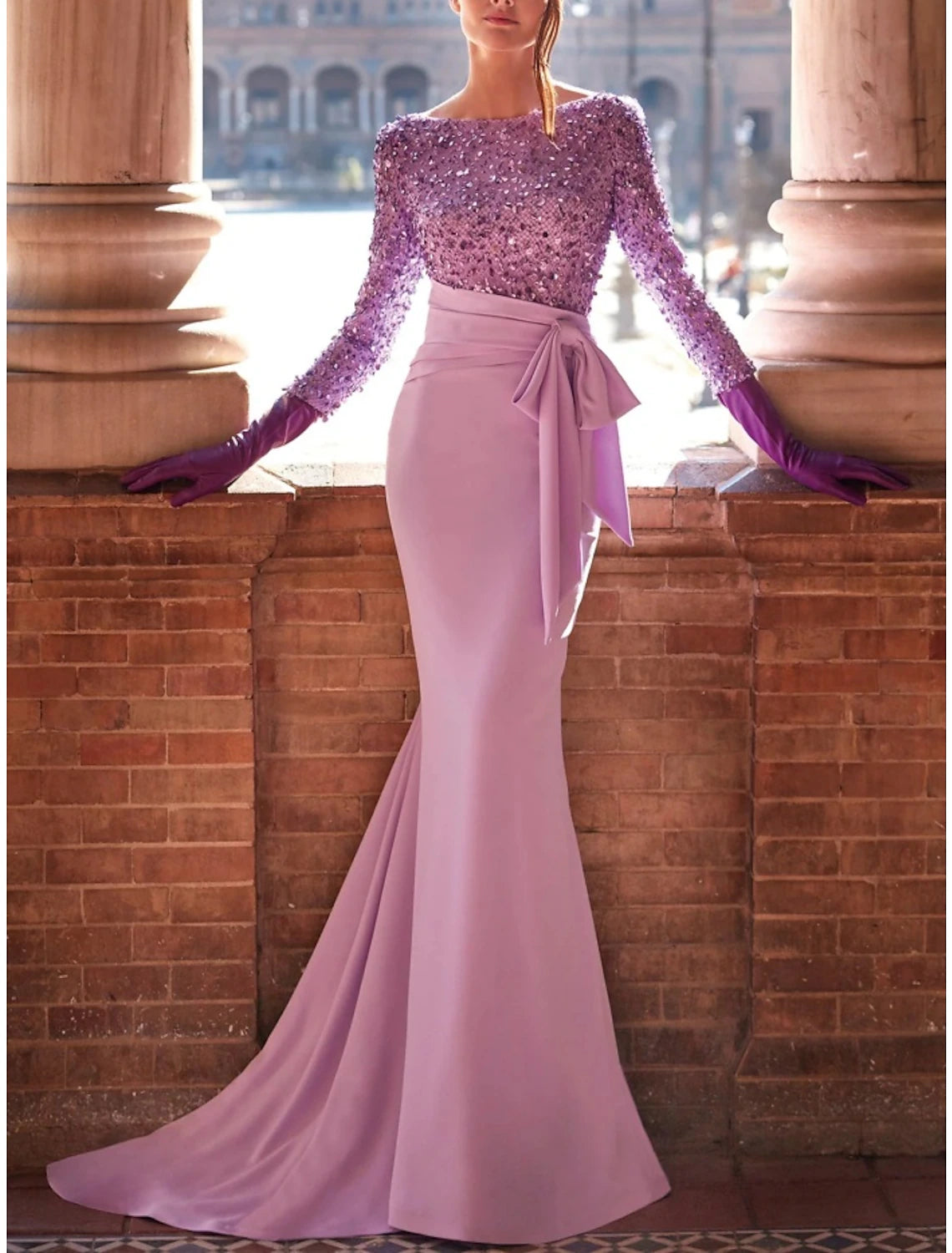 Wholesa Mermaid / Trumpet Evening Gown Elegant Dress Formal Sweep / Brush Train Long Sleeve Scoop Neck Sequined with Glitter Bow(s) Pleats