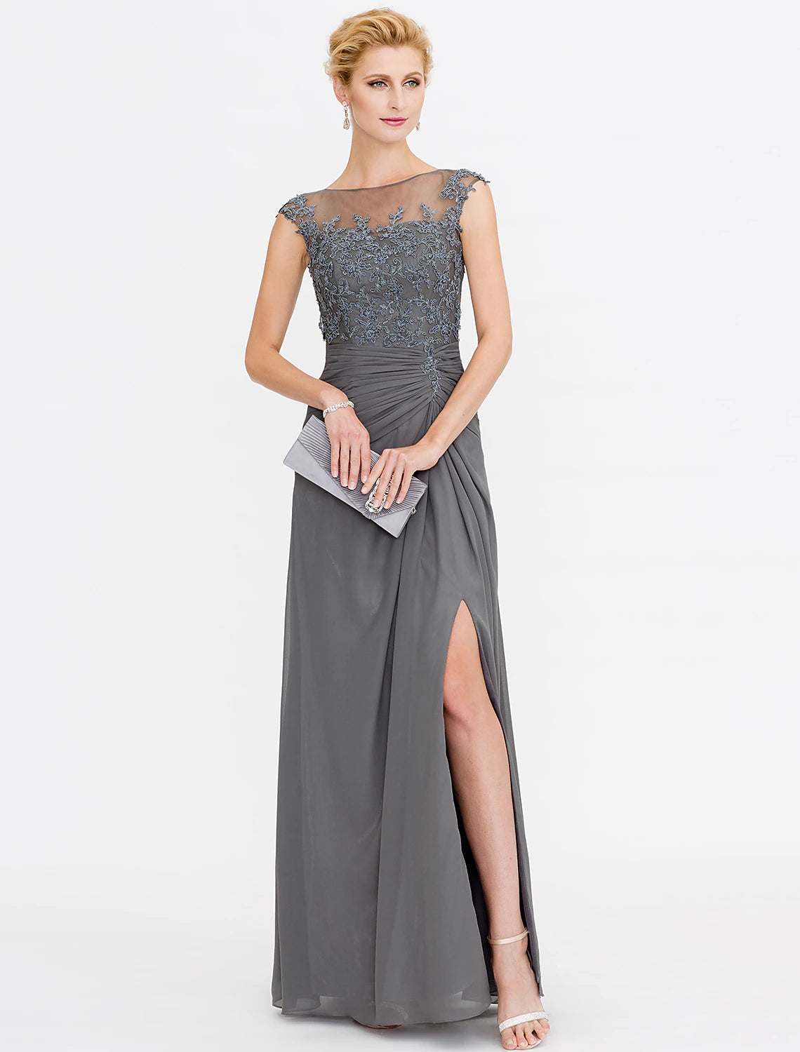 wholesale  A-Line Mother of the Bride Dress Wedding Guest Elegant See Through Bateau Neck Floor Length Chiffon Lace Sleeveless with Side Draping Fall