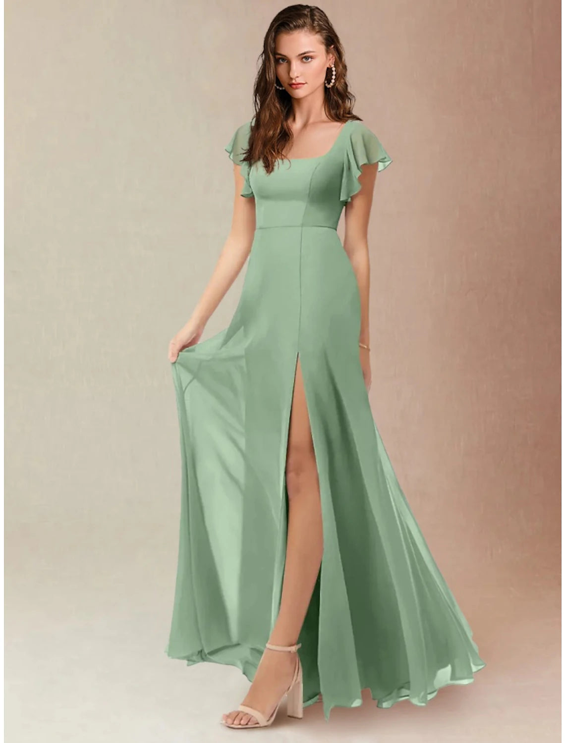 Wholesa  A-Line Bridesmaid Dress Square Neck Short Sleeve Elegant Floor Length Chiffon with Split Front / Ruching