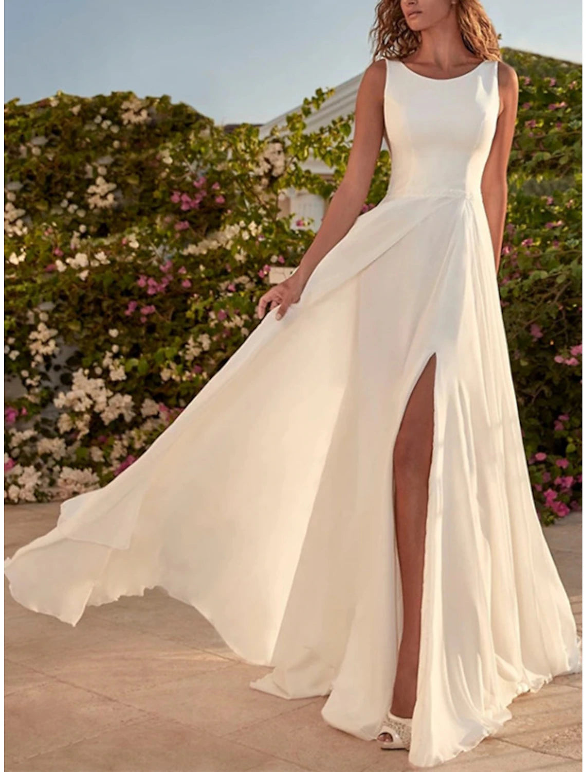 Wholesa Hall Simple Wedding Dresses A-Line Scoop Neck Sleeveless Floor Length Chiffon Bridal Gowns With Split Front